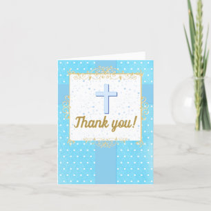 Baptism 1st Birthday Boy Blue Gold Text Polka Dot Thank You Card