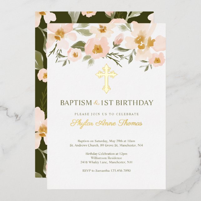 Baptism & 1St Birthday Elegant Watercolor Florals (Front/Back)