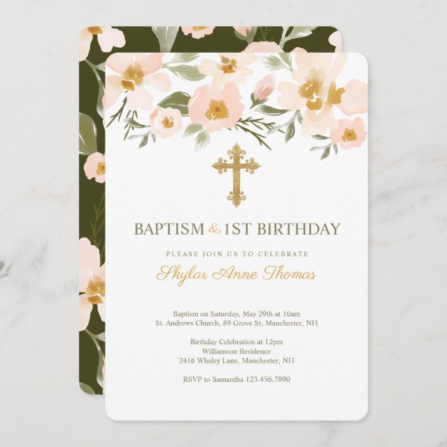 Baptism & 1St Birthday Elegant Watercolor Florals Invitation (Front/Back)