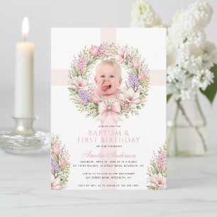 Baptism 1st Birthday Girl Photo Pink Spring Floral Invitation