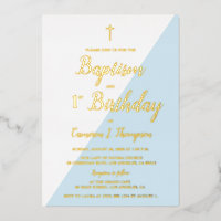 Baptism 1st Birthday Invitation Blue Gold Cross