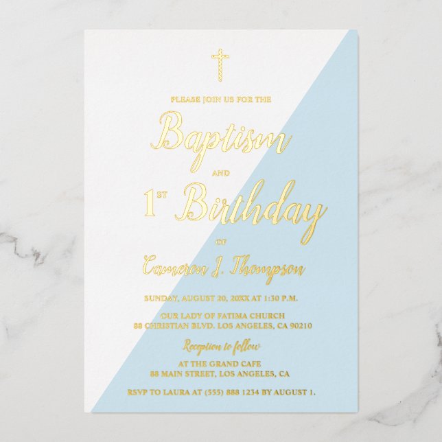 Baptism 1st Birthday Invitation Blue Gold Cross  (Front)