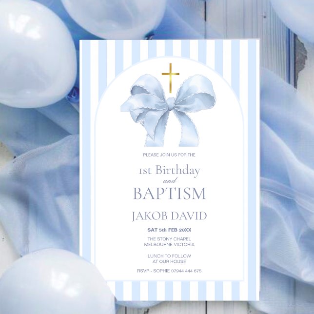Baptism & 1st Birthday Invitation, Bow & Stripe Invitation (Creator Uploaded)