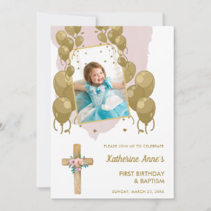 Baptism 1st Birthday Pink Gold Text Photo Invitation