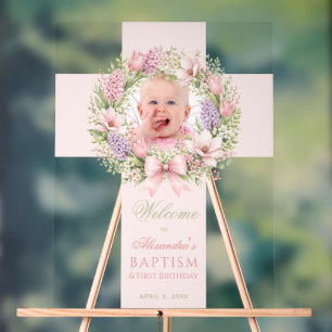 Baptism 1st Birthday Welcome Girl Photo Pink Cross Acrylic Sign