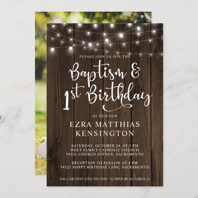 Baptism 1st Birthday Wood String Lights Photo Invitation (Front/Back)