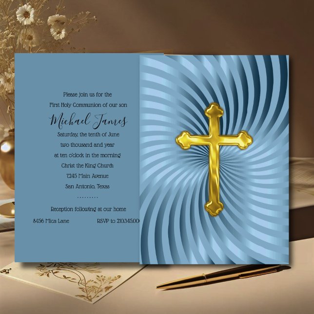 Baptism 1st Communion Confirmation Blue Gold Invitation (Creator Uploaded)