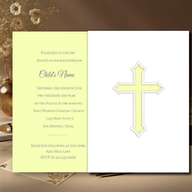 Baptism 1st Communion Confirmation Cross Yellow Invitation (Creator Uploaded)