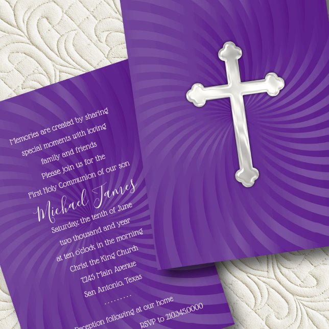 Baptism 1st Communion Confirmation Purple Pearl Invitation (Creator Uploaded)