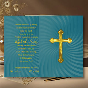 Baptism 1st Communion Confirmation Teal Gold Invitation