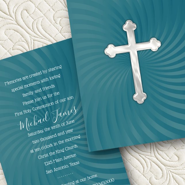 Baptism 1st Communion Confirmation Teal Pearl Invitation (Creator Uploaded)