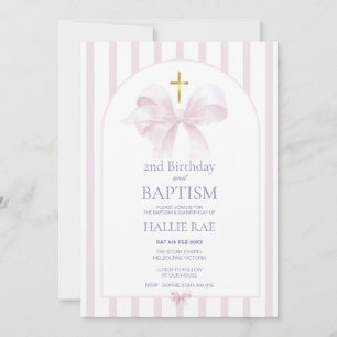 Baptism & 2nd Birthday Invitation, Pink Bow Design Invitation