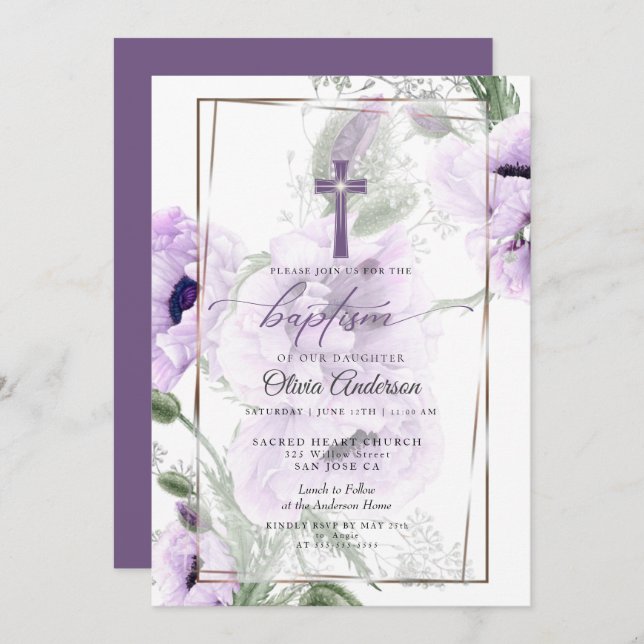 BAPTISM | Amethyst Floral Cross Invitation (Front/Back)