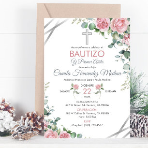 Baptism and 1st Birthday In Spanish pink roses Invitation
