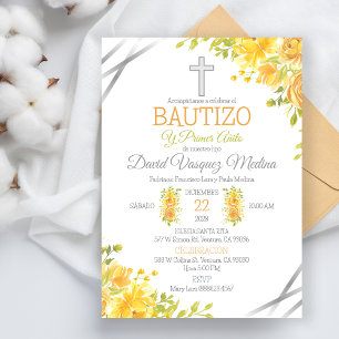 Baptism and 1st Birthday In Spanish Yellow Flowers Invitation