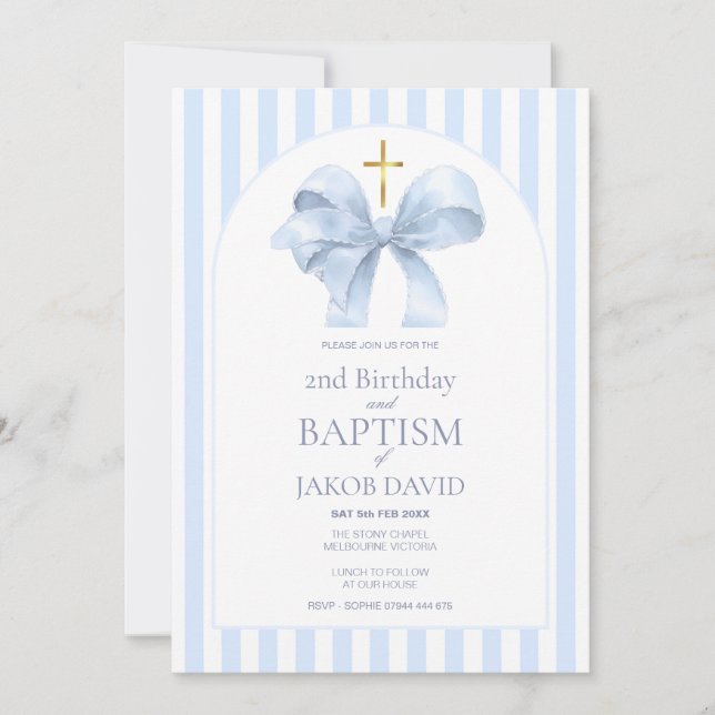 Baptism and 2nd Birthday Invitation, Blue Stripe  Invitation (Front)