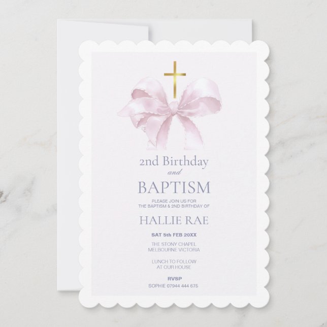 Baptism and 2nd Birthday Modern Pink Bow Invitation (Front)