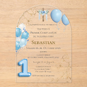 Baptism and first birthday acrylic with balloon invitations