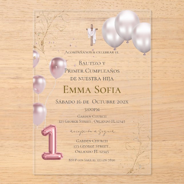 Baptism and first birthday acrylic with balloon invitations (Front)