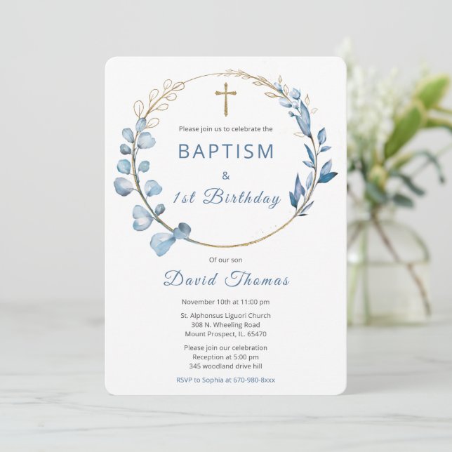 Baptism and First Birthday  Boy Invitation (Standing Front)
