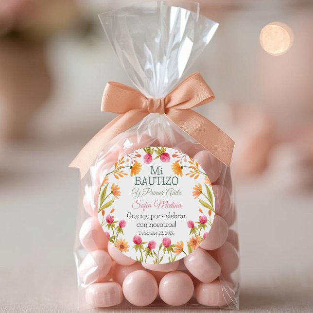 Baptism and First Birthday Cute Pink Flowers Classic Round Sticker (Creator Uploaded)