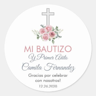 Baptism and First Birthday Favours Pink Roses Classic Round Sticker
