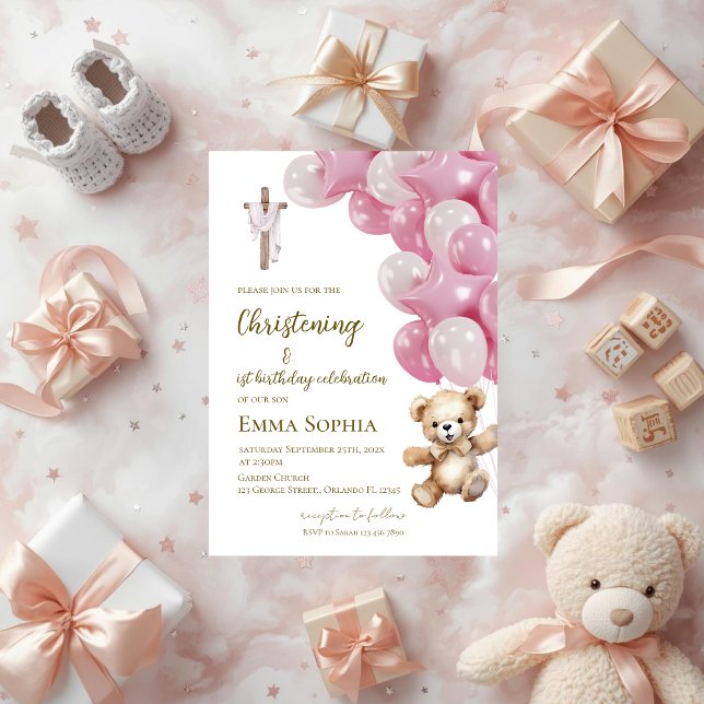 Baptism and first birthday invitation with balloon (Creator Uploaded)