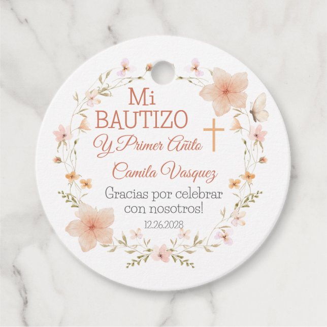 Baptism and First Birthday Pink Flowers Bautizo Favour Tags (Front)