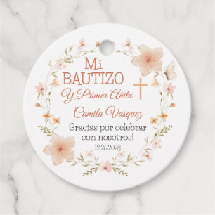 Baptism and First Birthday Pink Flowers Bautizo Favour Tags
