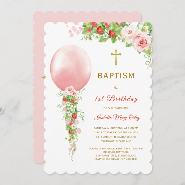 Baptism and First Birthday Strawberry Invitation (Front/Back)