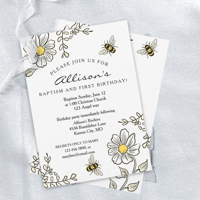 Baptism and First Birthday Sunny Bee Invitation (Creator Uploaded)