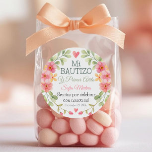 Baptism and First Birthday Watercolor Pink Flowers Classic Round Sticker