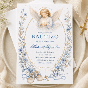 Baptism Angel Blue Watercolor Floral Invitation