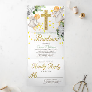 Baptism Angels Gender Neutral Tri-Fold Invitation