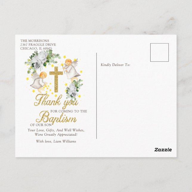 Baptism Angels Glitter Thank you Postcard (Back)