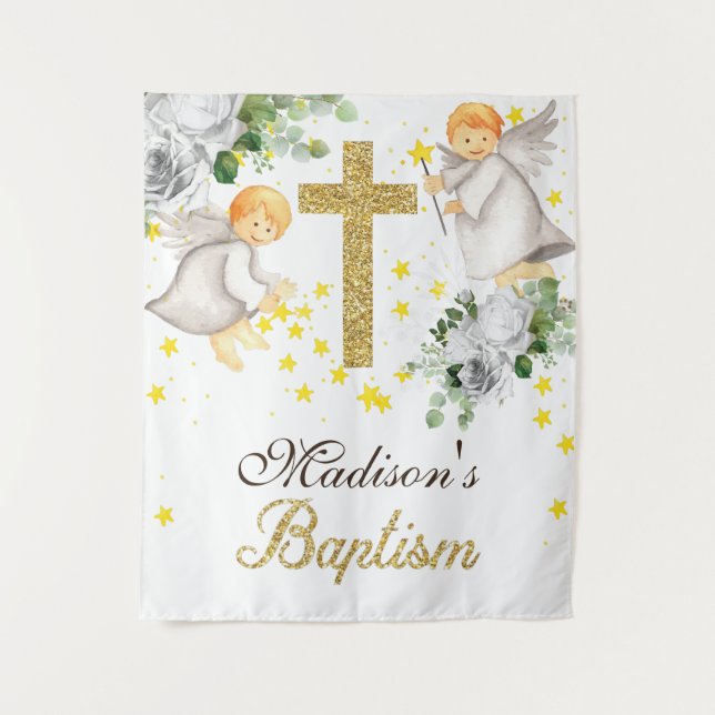 Baptism Angels Gold Glitter Gender Neutral Tapestry (Front)