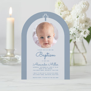 Baptism Arch Boy Photo Dusty Blue Christening Invitation