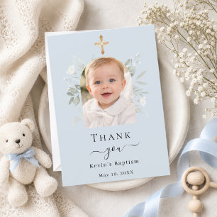 Baptism arch photo blue white florals boy thank you card
