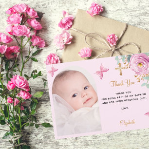 Baptism arch photo blush pink girl floral thank you card