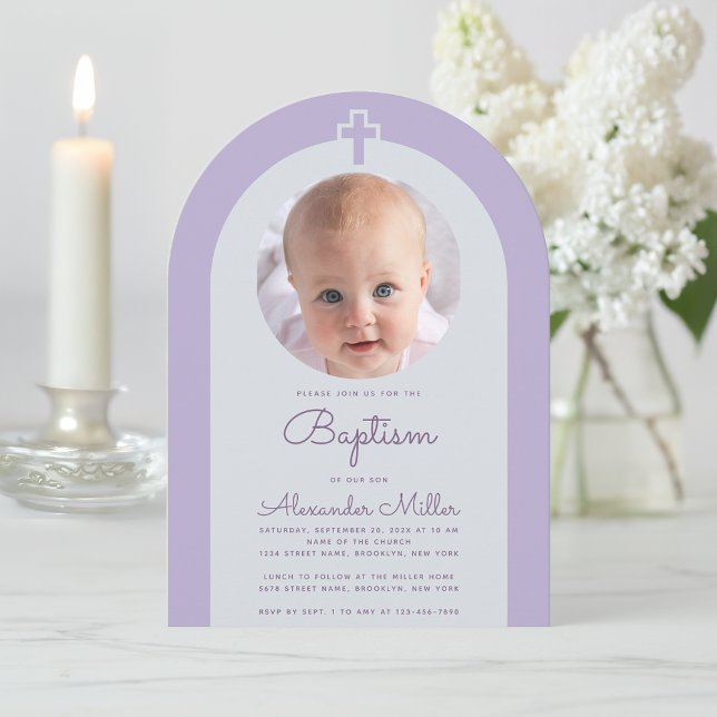Baptism Arch Photo Lavender Purple Cross & Script Invitation (Creator Uploaded)