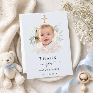 Baptism arch photo light blue white florals boy thank you card