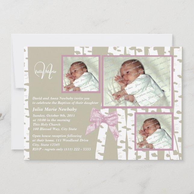 Baptism Baby Birch Photo Pink Invitation (Front)