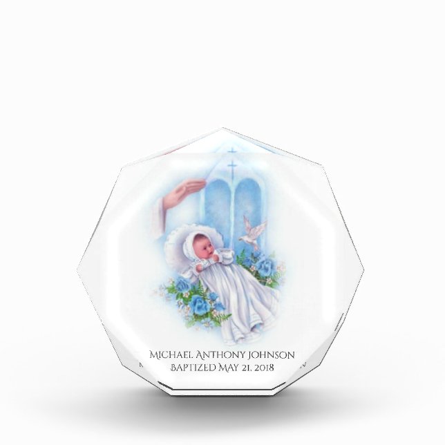 Baptism Baby Boy Blue Flowers Cross Photo Block (Front)