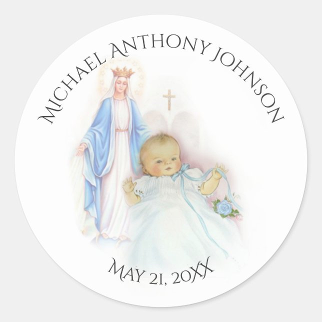 Baptism Baby Boy Blue Flowers Mary Classic Round Sticker (Front)