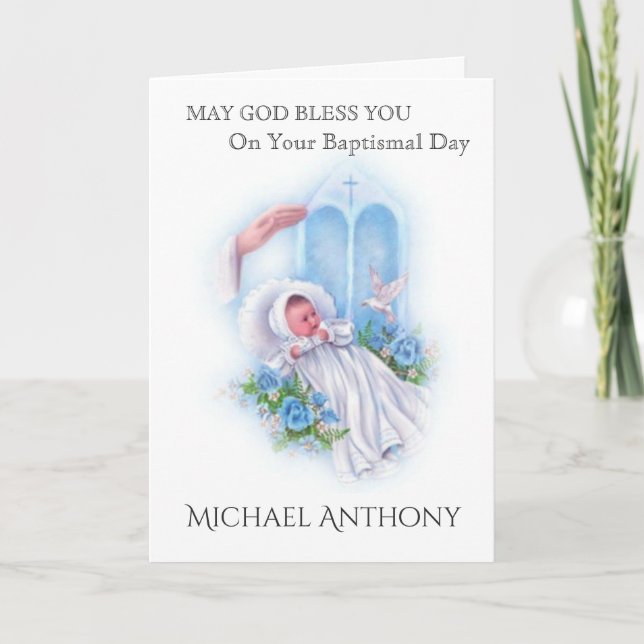 Baptism Baby Boy Blue Roses Cross Catholic Card (Front)