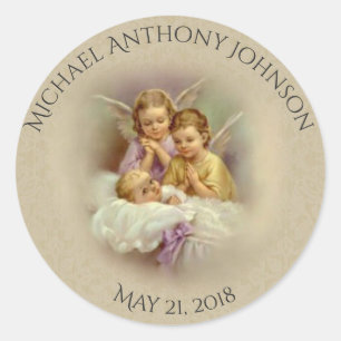 Baptism Baby Boy or GIrl angels praying lace Classic Round Sticker