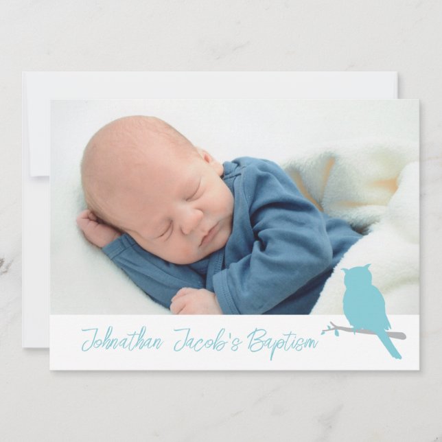 Baptism baby boy owl bird photo invitation card (Front)