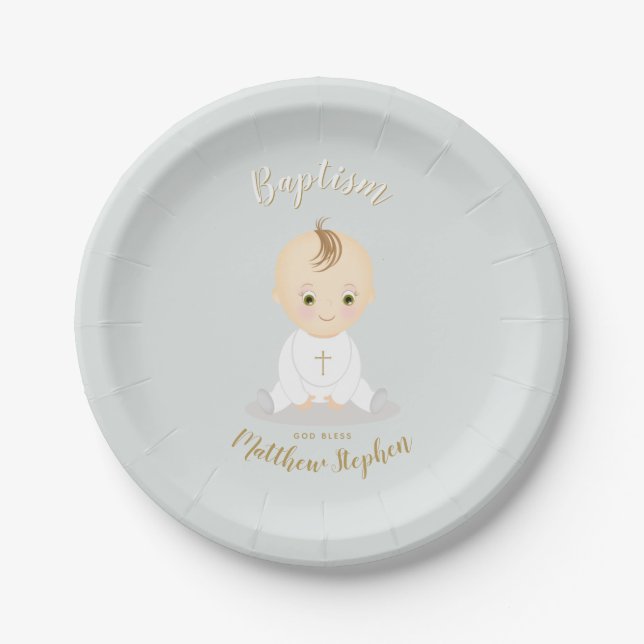 Baptism Baby Boy Paper Plate (Front)