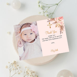 Baptism baby girl blush pink photo thank you card