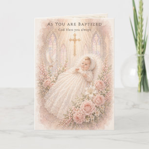Baptism Baby Girl Cross Floral Christening Card